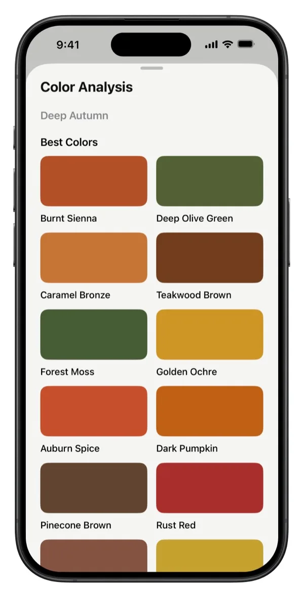 Glow color analysis result for Deep Autumn palette