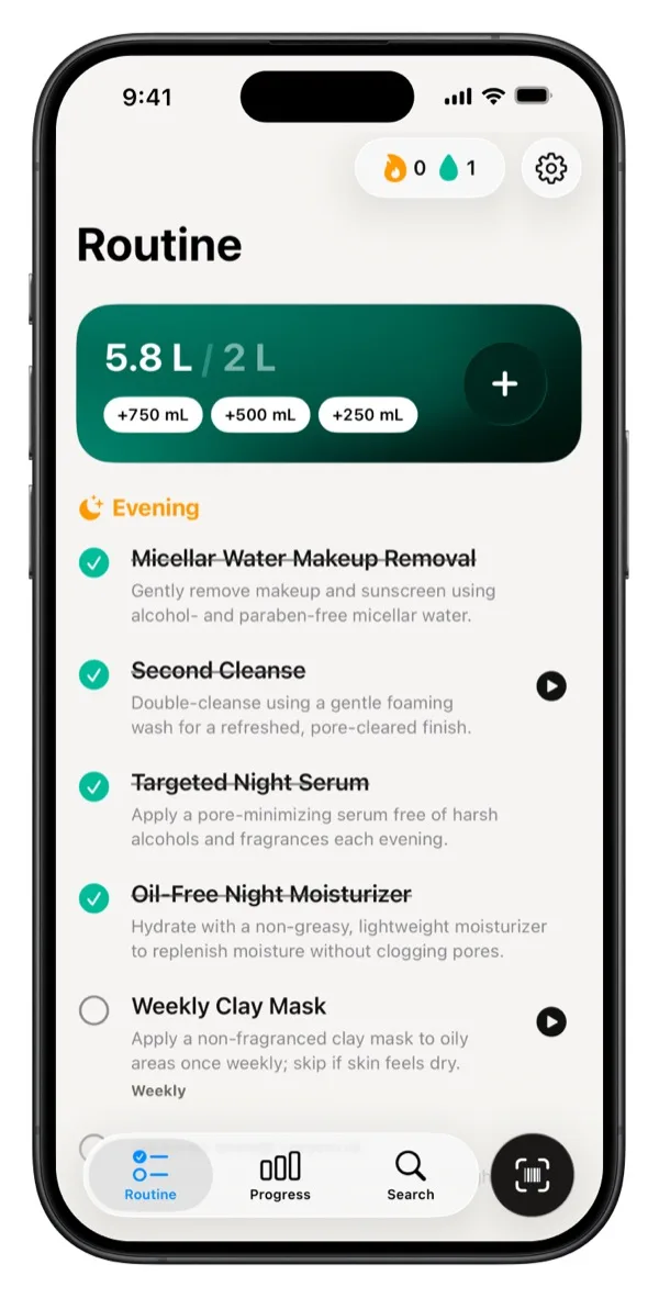 Glow Routine screen with evening skincare checklist