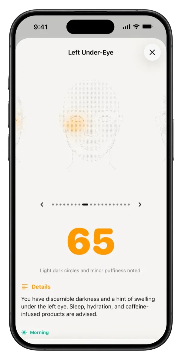 Glow skin map highlighting a left under-eye score of 65